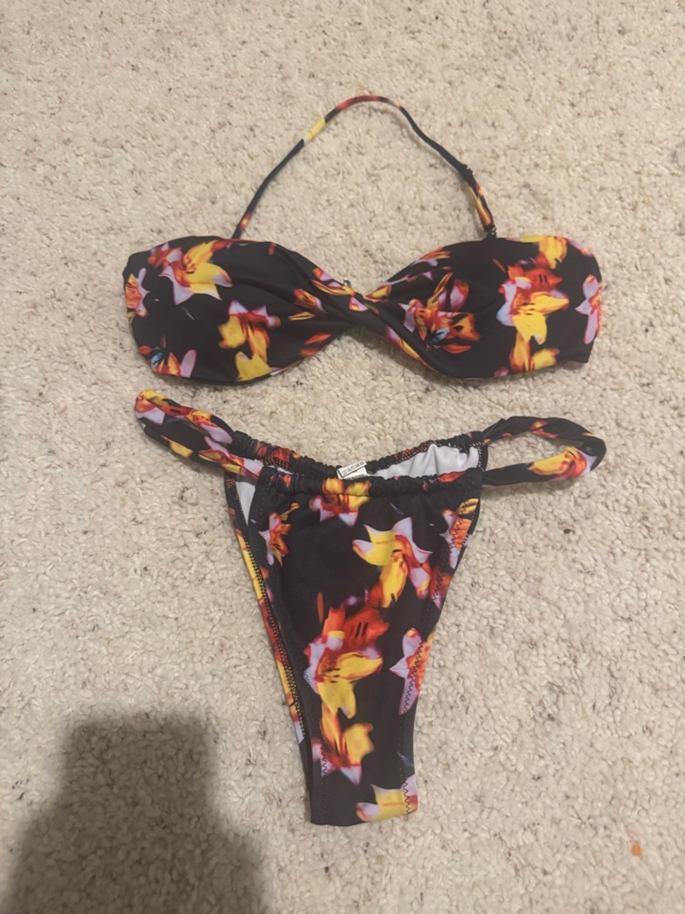 SHEIN Black Floral Twist Bandeau Bikini Set with Yellow & Pink Accents